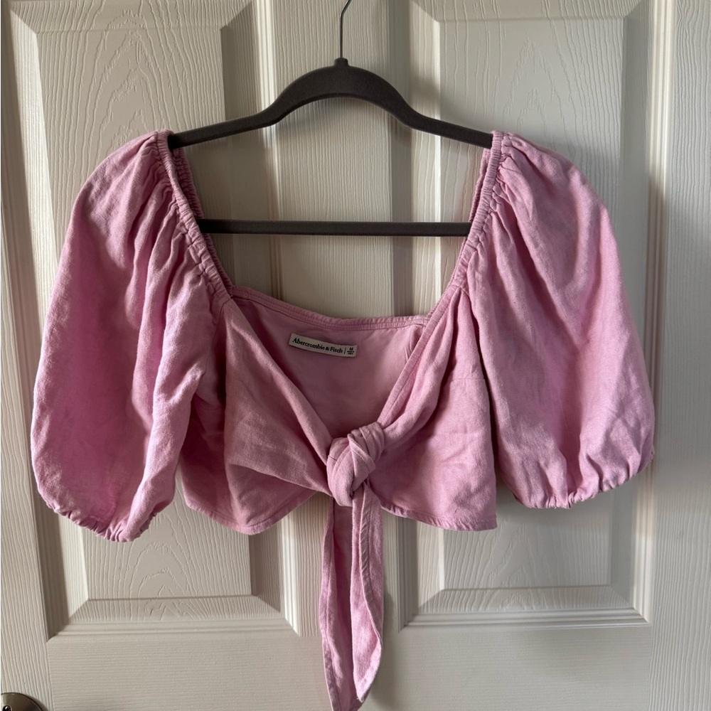 Pink Puff Sleeve Tie-Front  Crop Top